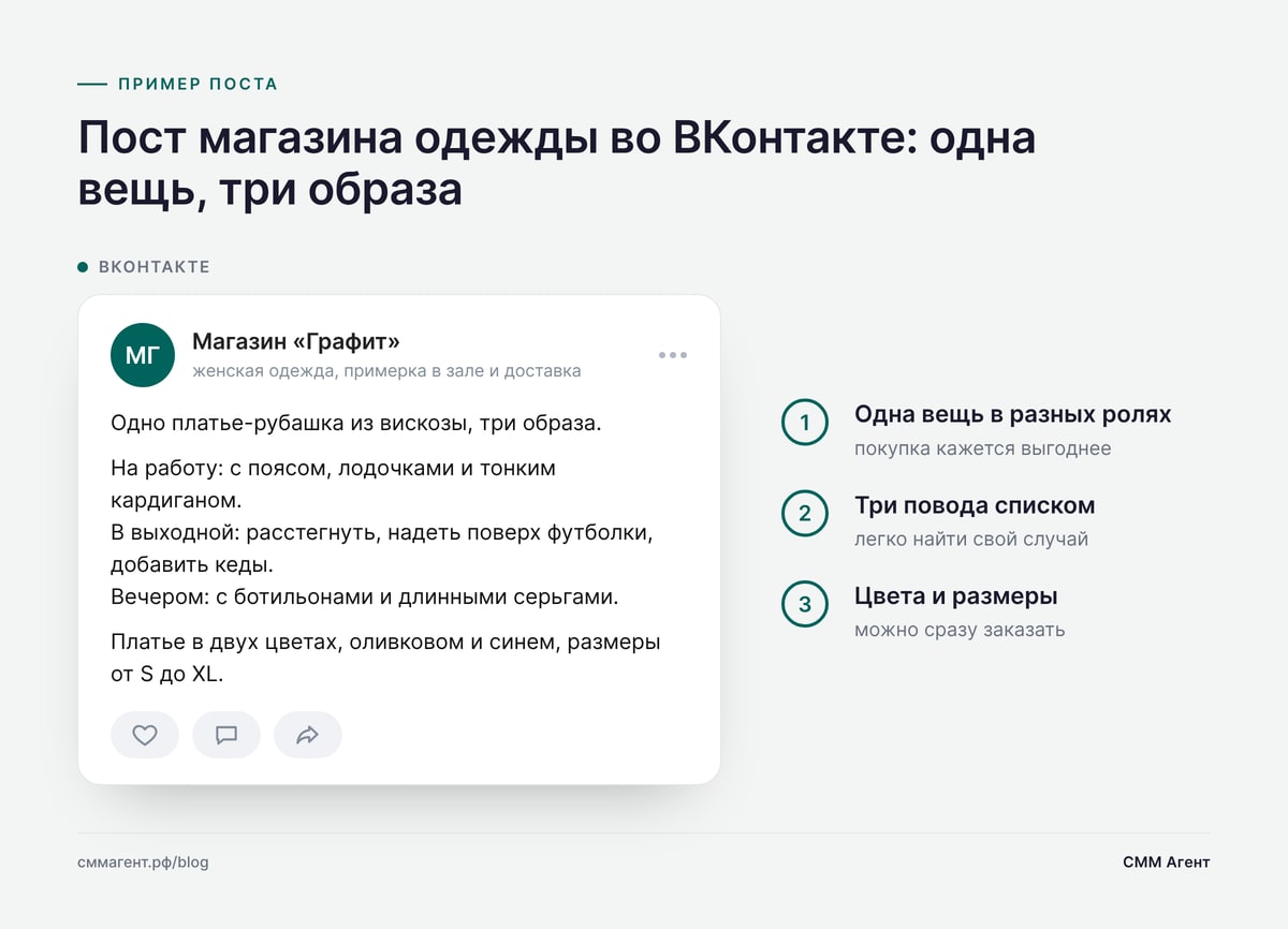 Пост магазина одежды во ВКонтакте: одна вещь, три образа