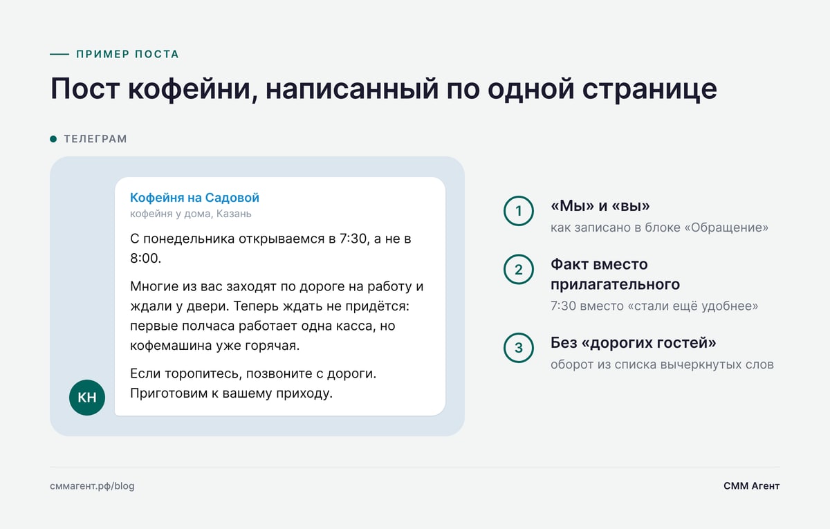 Пост кофейни, написанный по одной странице